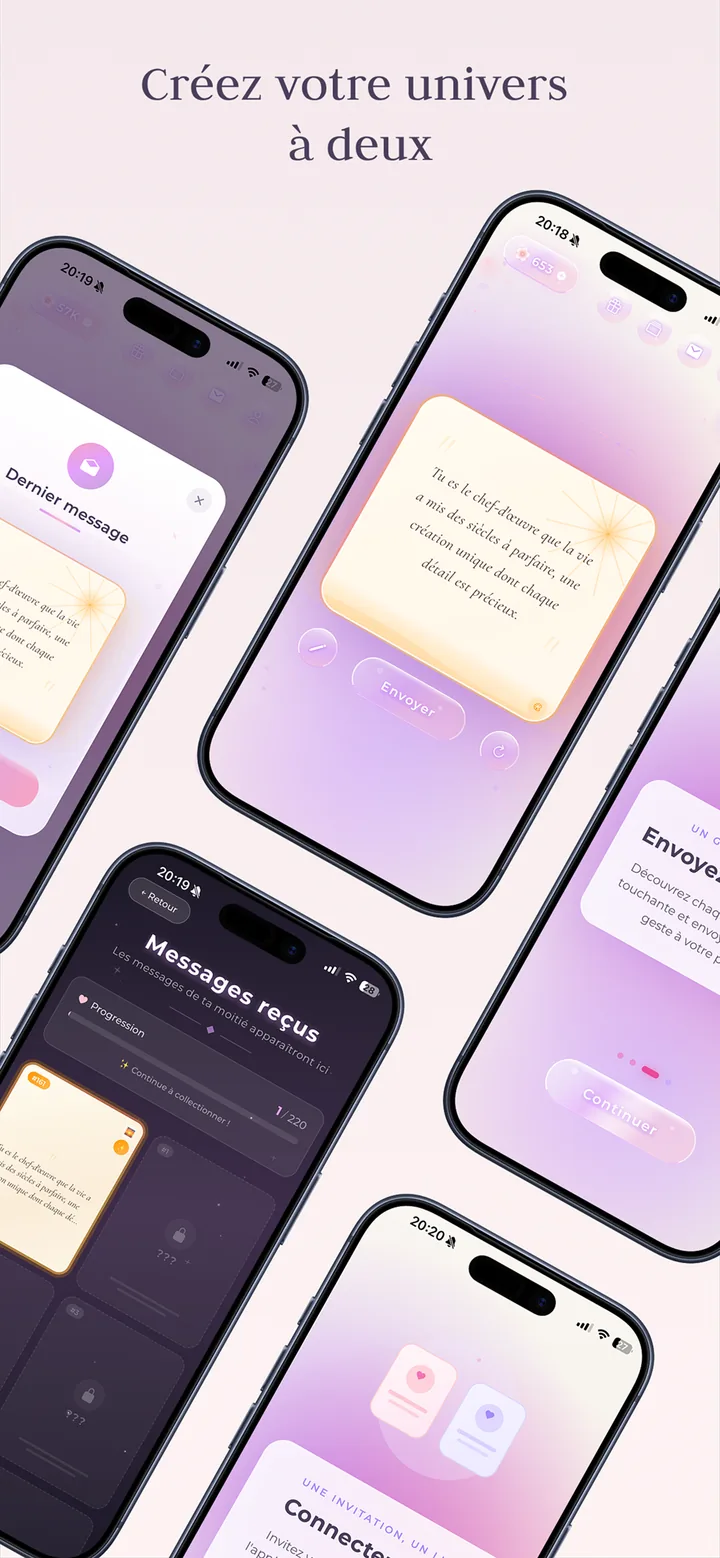 Plusieurs écrans de l'app : envoi d'un mot, collection de messages reçus